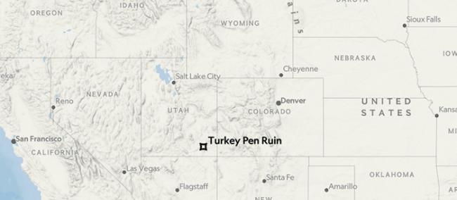 图中星号为火鸡圈废墟（Turkey Pen site）在北美大陆的位置。