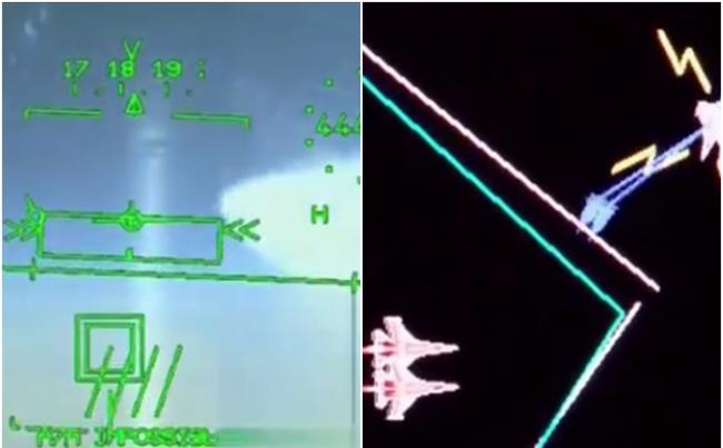 战机发射空对空导弹(左)，摧毁敌机(右)。