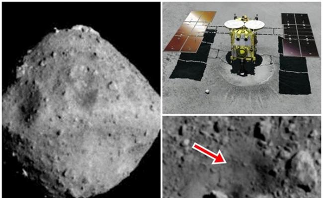 隼鸟2号（右上图）在龙宫（左图）表面制造出人造陨石坑（红箭嘴示）。