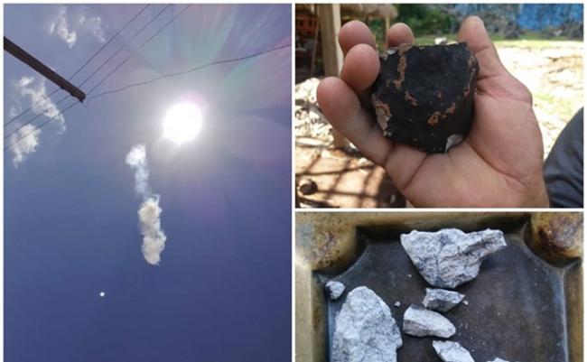 左图：阳光旁边有长形烟团留在空中。右上及右下：疑似陨石碎片表面呈黑褐色及灰色。