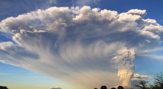 卡尔布科火山爆发后，火山灰如同蘑菇云形状升上半空。