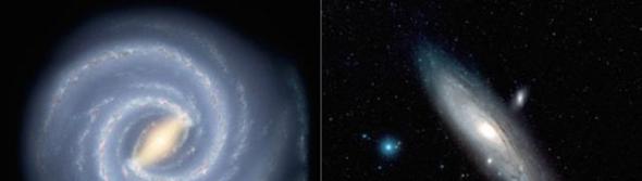 图中左边是银河系，右边是仙女座大星系