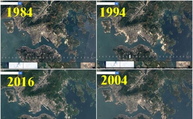 Google的Timelapse缩时摄影推出更新，让网民可瞬间看地貌32年来转变。图为香港的Timelapse