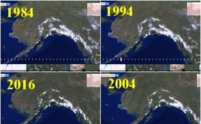 阿拉斯加的哥伦比亚冰川的Timelapse缩时影片，可见冰片面积不断减少。