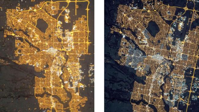 上方这两张加拿大卡加立的卫星影像，由国际太空站摄于2010年（左）与2015年（右）。相较于2010年的影像，2015年的影像中有许多市郊区域都是新亮起来的地方
