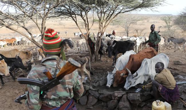 武装牧民携带枪枝顾守水源边，保护他们的牲畜。