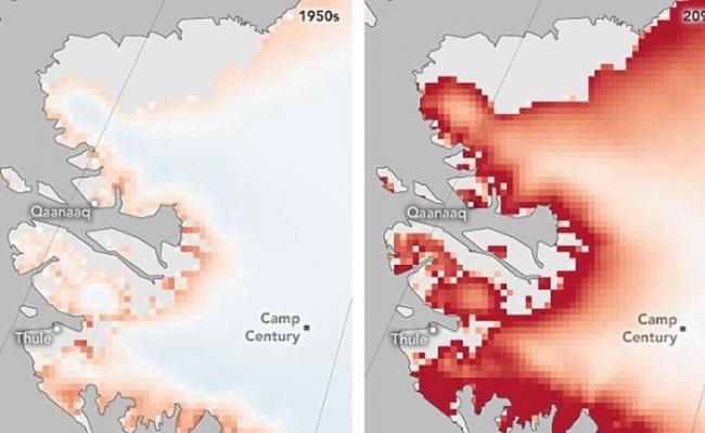 上世纪50年代被冰雪覆盖（左图），但估计于2090年，红色部分冰层会减少。（右图）
