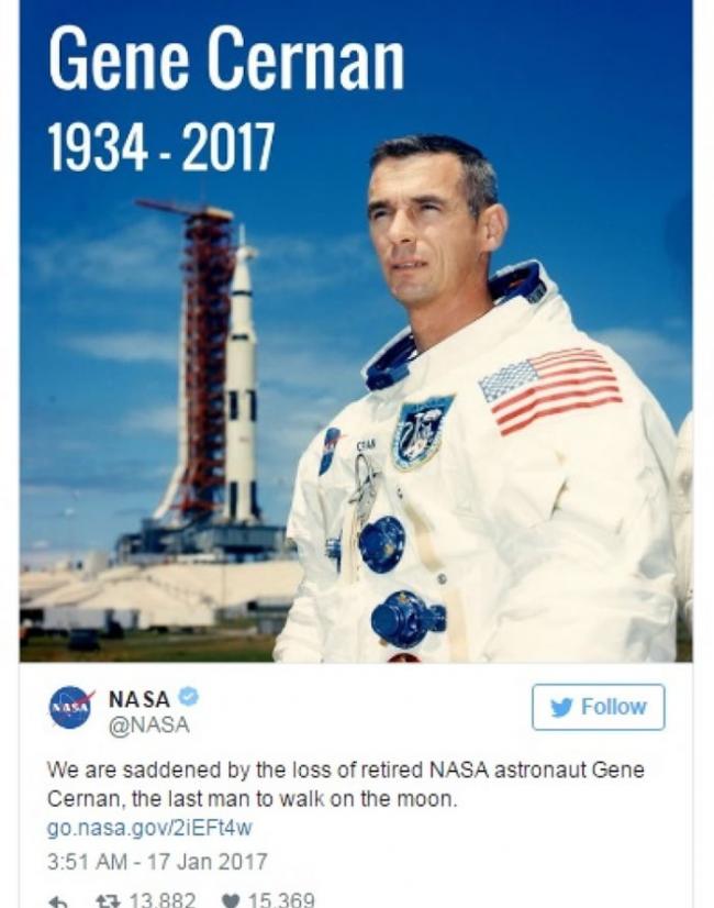 NASA于twitter上发文悼念塞尔南。