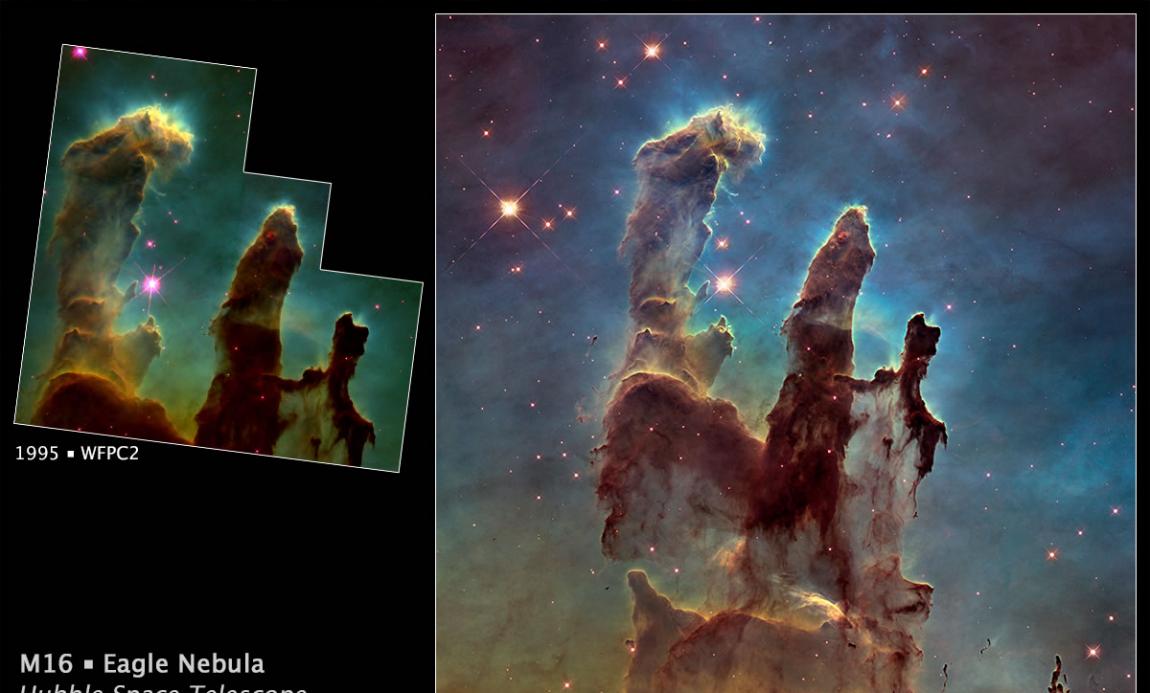 NASA公布「创生之柱」新照，更和1995年的照片对比。
