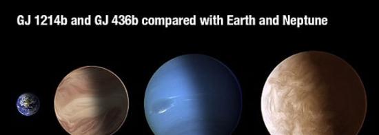 星球大小比较示意图。从左到右依次为地球、被发布天气预报的GJ 1214b星球、海王星和GJ436b星球