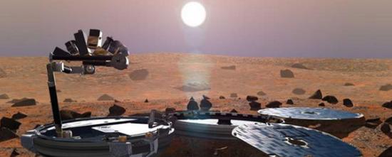 小猎犬2号停在火星表面的虚拟画面。