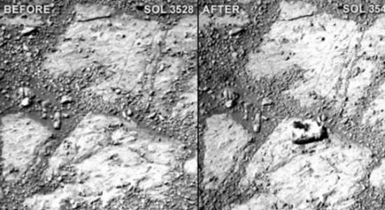 这两张图像的对比显示，右侧图像中明显多了一块神秘的岩石，科学家认为其可能来自火星车车轮缝隙，或者是火星上的沙尘吹动翻滚的岩石