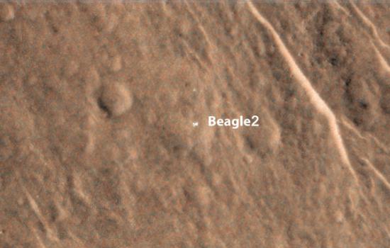 在火星拍到影像，说明「小猎犬2号于2003年的圣诞节降落成功。」