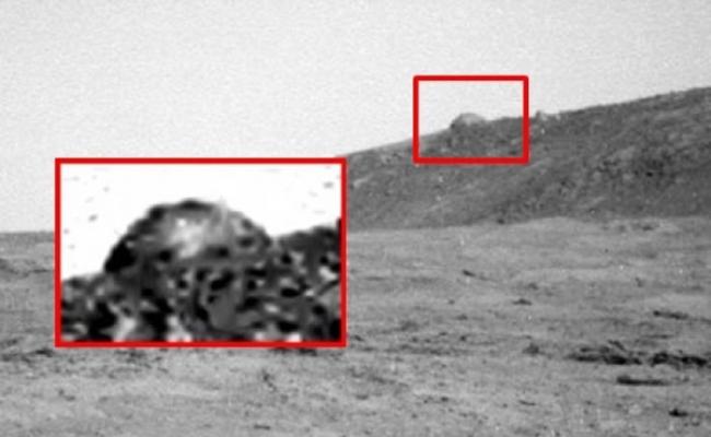 网民发现火星山坡上有一个圆拱顶异物（红框示）。