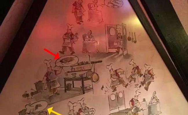 漫画绘有中餐馆厨师将老鼠（黄箭咀示）及蟑螂（红箭咀示）端给客人的画面。