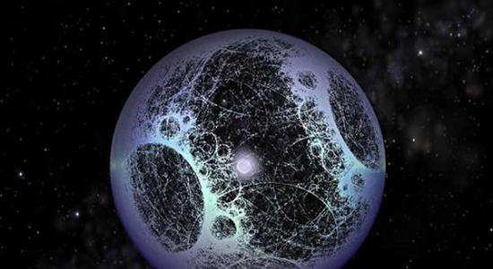 一种戴森球的示意图，利用恒星能量的初级形式，科学家认为更高级的恒星能量利用途径是通过黑洞摄取