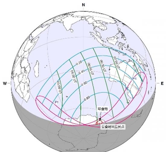 2014年4月29日日食带示意图，标注时间为食甚时刻，单位为世界时（UT）
