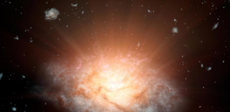 艺术家绘制的WISE J224607.57-052635.0，该星系保有宇宙中最亮星系的纪录，亮度等于三百多兆颗类太阳恒星。 ILLUSTRATION BY N