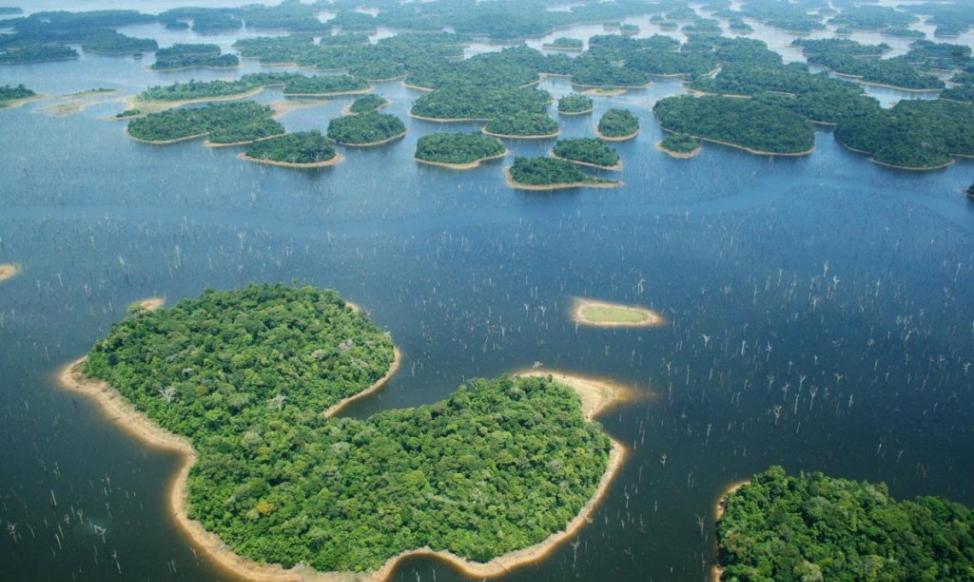 巴西的巴比纳水坝导致3546座岛屿的产生，其中有许多岛既小又孤立，而这个区域曾经是连绵不绝的雨林。 Photograph by Eduardo M. Venti