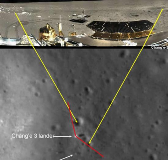 嫦娥三号着陆器所拍摄到两个撞击坑的位置关系图