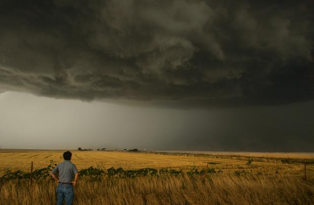 在2012年袭击翠鸟市的风暴中，即使天空已逐渐转黑，狂风吹倒了小麦，提姆‧萨马拉斯仍停下脚步，思忖着大气的力量。