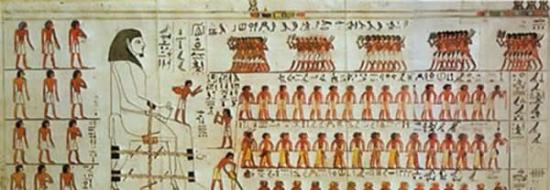 科学家实验发现古埃及人建造金字塔的秘密，利用滑橇前铺设湿沙的方法减少搬运巨石块的牵引力。图中是发现的一张古埃及壁画中描绘的搬运巨石过程。