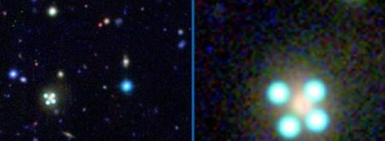 太空中的蜃景：类星体被其前面的星系折射为四个影像！在天文学上被称为“爱因斯坦十字”。