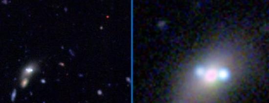 类星体被其前面的星系折射为二个影像，分别居于星系的两侧。