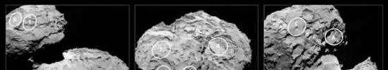 图中是“罗塞塔”飞船距离彗星100公里处拍摄的，圆圈标识是拟定的5个登陆点。