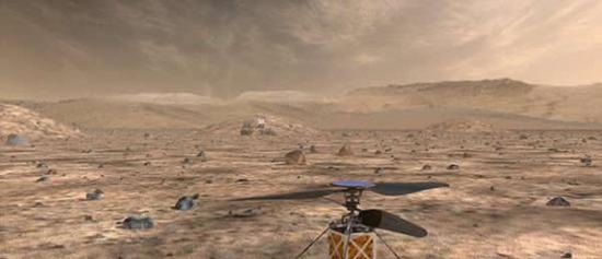 位于加州帕萨迪纳的美国宇航局喷气推进实验室(JPL)的工程师们正在研发一款独特的火星直升机(如图)。按计划它将与未来的火星车一同被发射往火星并着陆。在使用时，它