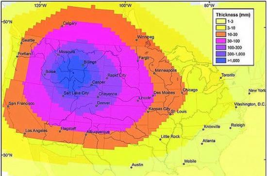 美国地质调查局的这张图表显示，黄石国家公园下熔浆的一次超级喷发会使火山灰遍布整个美国。