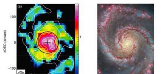 左: M51星系盘上致密分子气体分布; 右: 哈勃太空望远镜观测的M51星系盘上的恒星分布。