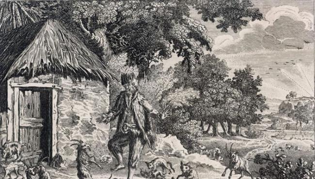 海盗赛尔科克（Alexander Selkirk）和羊群在荒岛上同欢（画中的陋舍有误）。赛尔科克常被误认为是鲁宾逊．克鲁索（Robinson Crusoe）的真