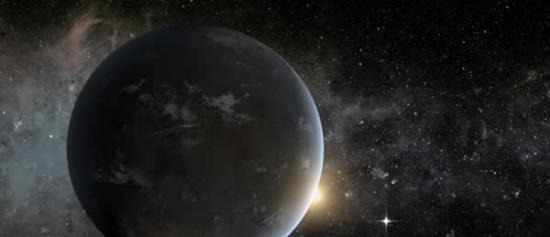 开普勒-62f的艺术家印象图，前者是位于恒星可居住区的潜在的超级地球。