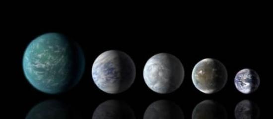 4月“开普勒”发现的可居带行星的相对大小，该图显示的行星从左往右依次是Kepler-22b、Kepler-69c、 Kepler-62e、Kepler-62f和