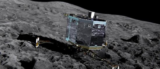 在艺术家的笔下，2014年11月，菲莱着陆器将尝试在彗星67P/Churyumov－Gerasimenko的表面降落。