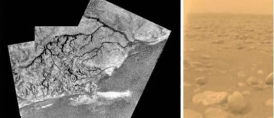 从土卫六上空进行的拍摄：一个巨大的胡床以及头顶的白云。右图是惠更斯号在土卫六表面拍摄的第一张彩色图片：橙色的天空以及冰块组成的“石头”。