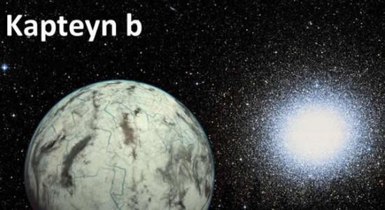 艺术家绘制的卡普坦c天体轨道景象，其背景是半人马座球状星团