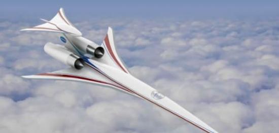 艺术概念图，展示了飞行中的波音超音速客机