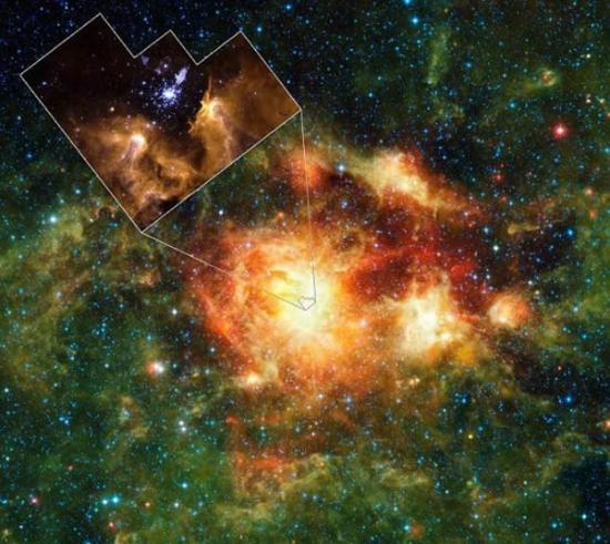 广域红外探测器拍摄的一幅照片，展示了距地球2万光年的一个恒星形成云。这个云充满气体、尘埃和大型新生恒星。插入图展示了云的中央区域，是一个被称之为“NGC 360