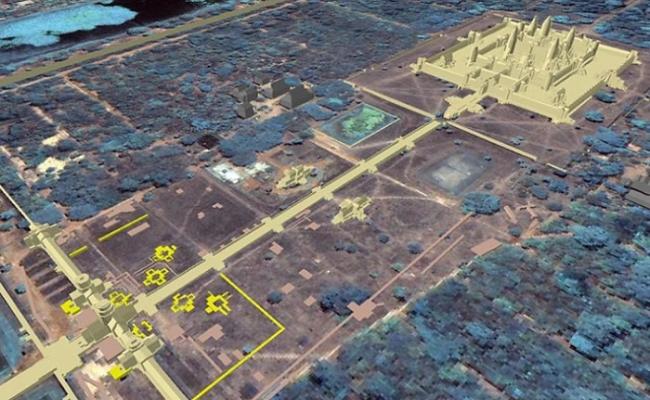 考古学家发现吴哥窟南面埋有多座高塔（左下黄色标示位置）。