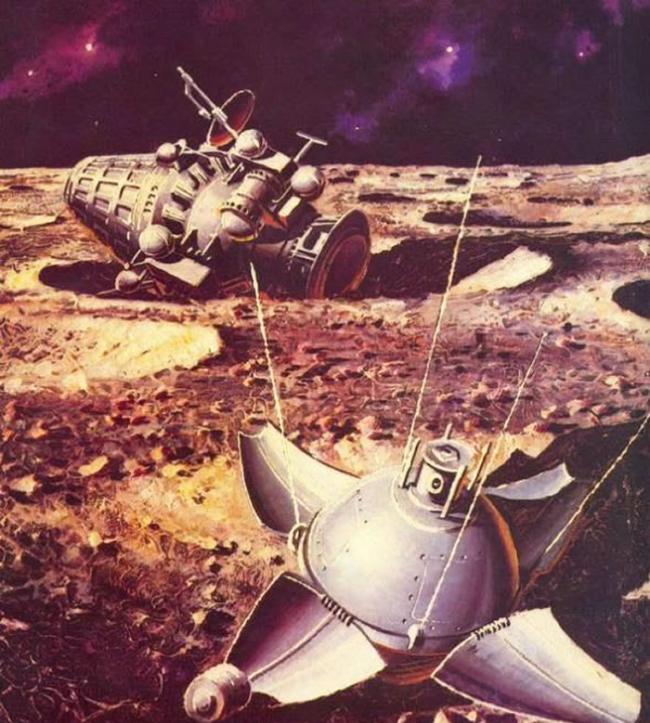 月球9号月面工作效果图，近处为登月舱，远处为着陆前抛弃的仪器舱