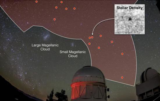 “暗能量巡天”（DES）目前已经利用“暗能量相机”对全天的大约1/8天区进行了巡天拍摄（图中红色部分）。这张图展示了今年以来利用DES项目数据发现的17个疑似银