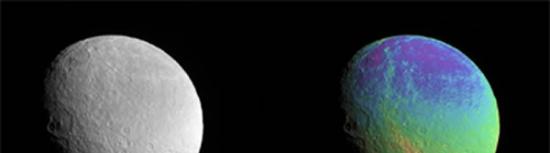 2015年2月9日卡西尼探测器拍摄的土星冰卫星“土卫五”，距离该卫星大约5万至8万公里，图像中可观察到土卫五表面细微的颜色变化