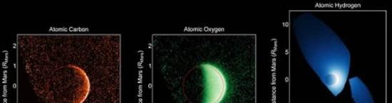 美国宇航局的“火星大气与挥发演化”（以下简称MAVEN）探测器获取的细节空前的紫外图像，展示环绕火星的氧、氢和碳光环。