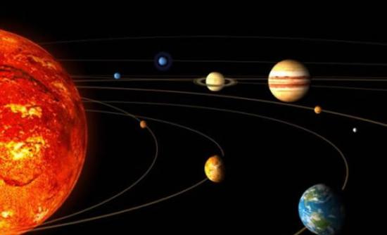 太阳系内的主要天体，前景处从左开始分别是太阳、水星、金星和地球，背景处从左开始分别是天王星、海王星、土星、木星和金星。地球的天然卫星月球处在前景右侧。