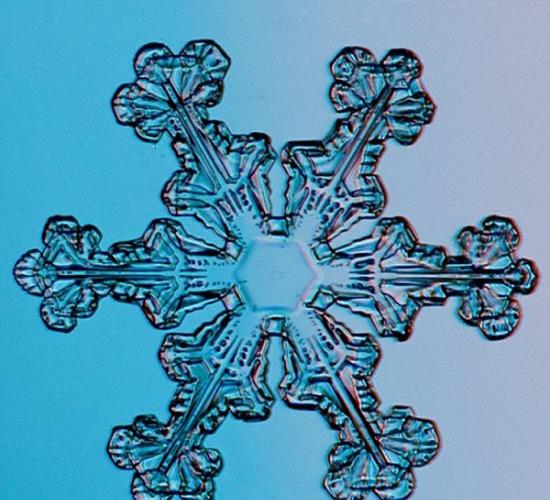 冰晶胚芽等更简单的雪花形状在低湿度下更常见。但平晶(照片显示)等更复杂的雪花形状形成于高湿度区域。