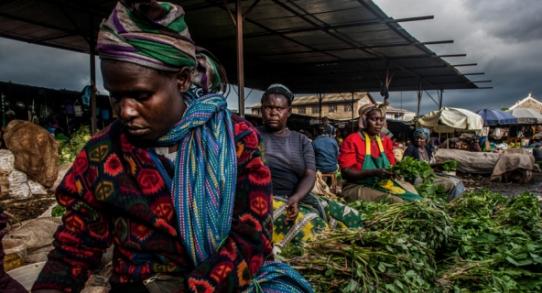 在内罗毕一家集市上，妇女们在出售非洲龙葵和其他原生蔬菜。