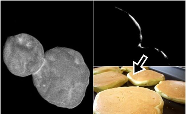 NASA指新照（右上）显示小行星不像雪人（左图），而是似热香饼。