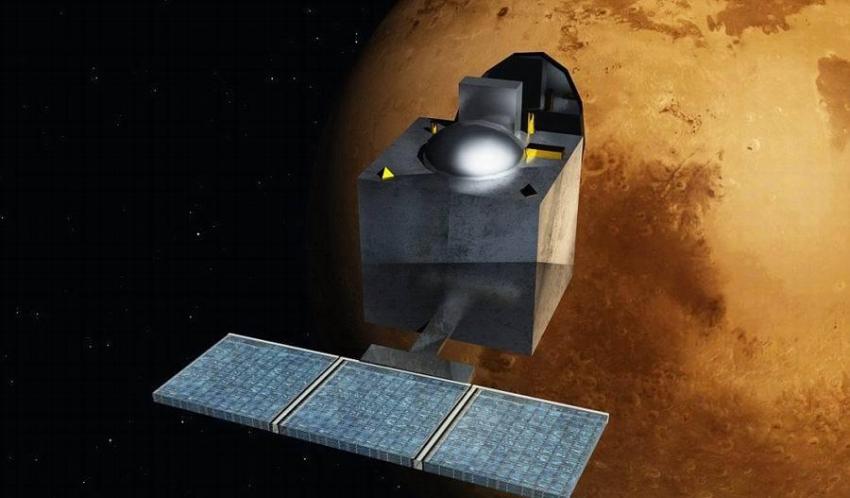 如图所示，这是印度空间研究组织的火星轨道任务器的模拟图，它是印度发送至火星轨道的第一颗探测器。2014年9月23日它抵达火星轨道，负责研究火星表面和大气层，并验